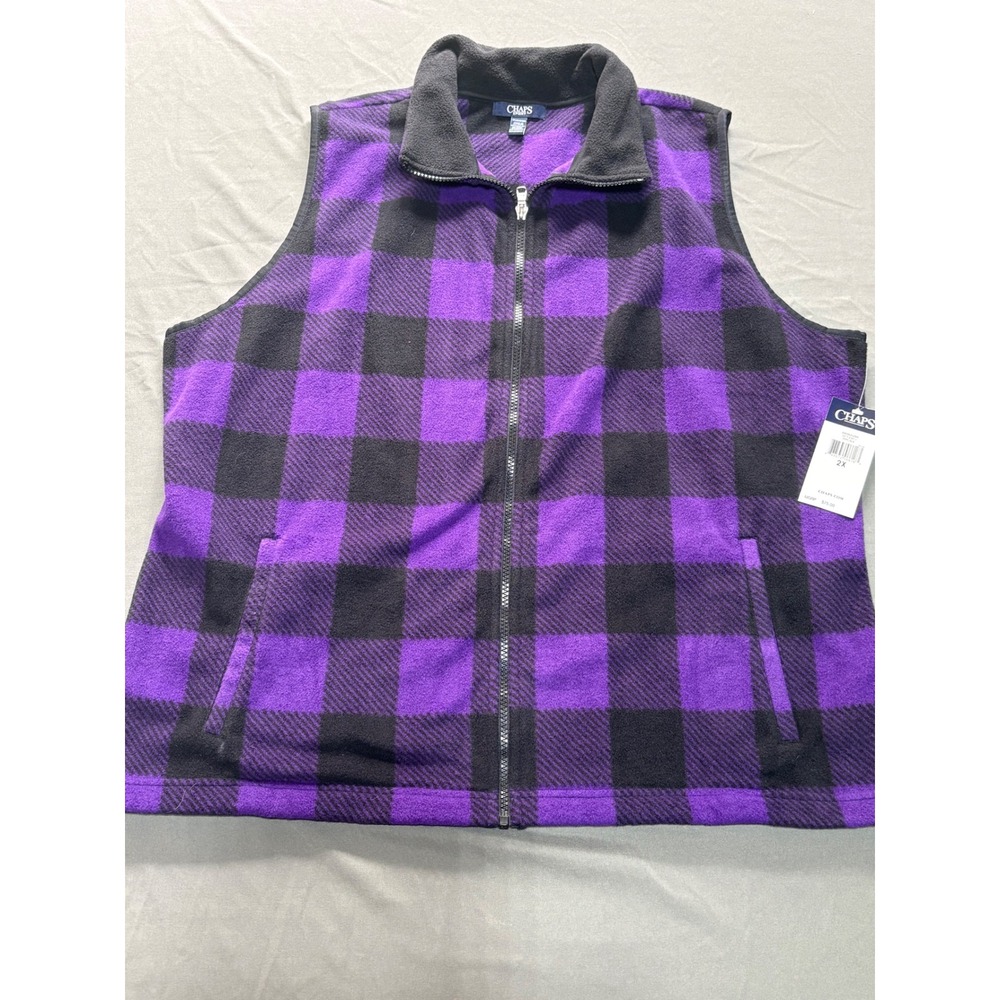 Chaps Sport Womens Purple Black Buffalo Plaid Fleece Vest Full Zip 2X NWT